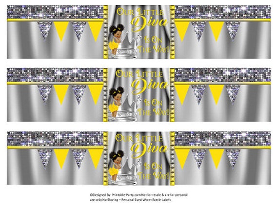 Printable Water Bottle Labels | Royal Girl Princess Silver Yellow Gray Crown Afro African Baby Shower Drink Wrappers | Instant Download Il_570xn