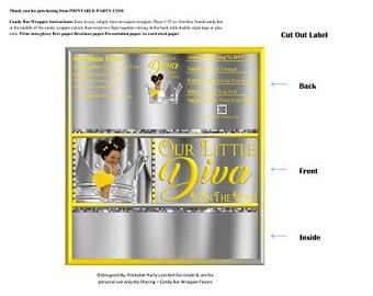 Printable Candy Bar Wrappers | African Girl Diva Royal Princess Crown Afro Yellow Silver Baby Shower Chocolate Bar Labels | Instant Download