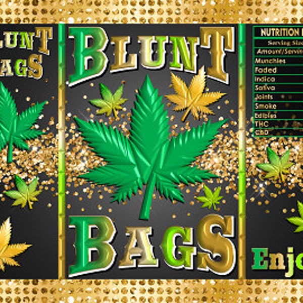 Printable Chip Bag Party Favors | 420 Weed Cannibus Gift Bag Theme Designs Green Gold Black Treat Labels