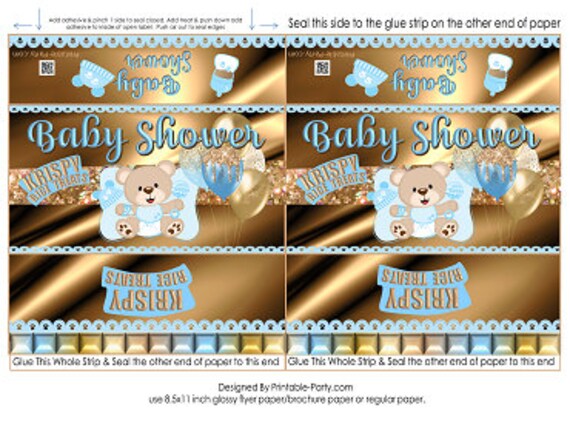 Printable Krispy Rice Treat Labels | Teddy Bear Baby SHower Favor Labels Blue Brown Gold | Instant Download Il_570xn