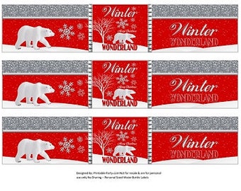 Étiquettes imprimables pour bouteilles d'eau | Christmas Winter Wonderland Rouge Blanc Argent | Téléchargement instantané