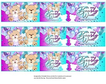 Étiquettes imprimables pour bouteilles d'eau | Ours en peluche garçon Bearly Wait Gender Reveal Baby Shower Bleu Violet Blanc Thème Fournitures | Téléchargement instantané