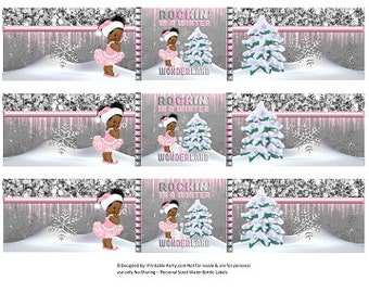 Printable Water Bottle Labels | Rockin Winter Wonderland Pink SIlver Snow Christmas African Baby Shower Drink Wrappers | Instant Download