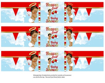 Printable Water Bottle Labels | Heaven Sent Angel Boy Red Gold Baby Shower African American Drink Wrappers | Instant Download