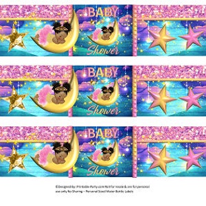 Printable Water Bottle Labels | Sleeping Girl On The Crescent Moon Pink Gold Baby Shower Drink Wrappers | Instant Download