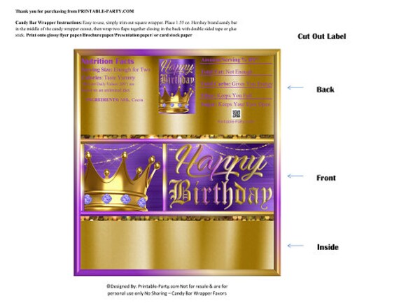 Printable Candy Bar Wrappers | Royal Happy Birthday King Prince Queen Princess Purple Gold Chocolate Bar Labels | Instant Download Il_570xn