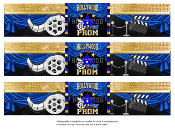 Printable Water Bottle Labels | Hollywood Blue Gold Black Prom Night Drink Wrappers | Instant Download Il_570xn