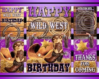 Sacs imprimables de croustilles PDF | Joyeux anniversaire Cowboy Cowgirl Western Far West Pourpre Lavande Noir Bois Cachemire | Sac cadeau pour cadeaux