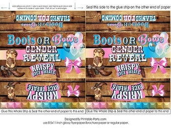 Étiquettes imprimables de friandises au riz Krispy | Bottes ou nœuds Gender Reveal Bleu Rose | Téléchargement instantané