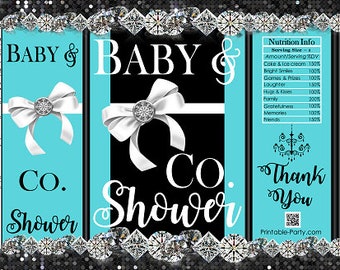 Printable Potato Chip Bags | Bling Diamond Vintage Luxury Baby Shower | Teal Blue Turquoise Black White Favor Bags