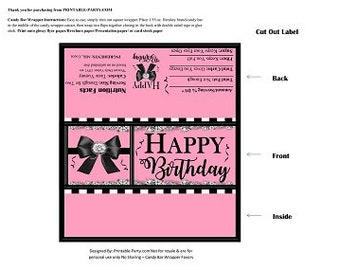 Emballages imprimables pour barres chocolatées | Étiquettes vintage de luxe pour tablettes de chocolat à rayures noires et blanches avec noeud rose et strass | Téléchargement instantané