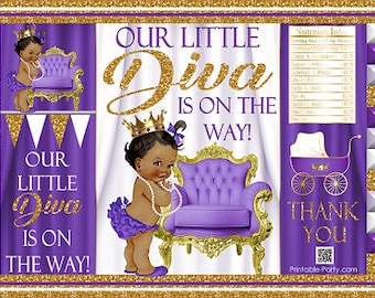 Printable Potato Chip Bags | Vintage Girl Royal Princess Diva Baby Shower Purple White Gold | African American Ethnic Party Favor