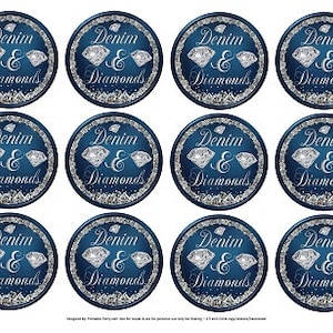May include: Twelve navy blue circular stickers with the text "Denim & Diamonds" in silver script. Each sticker features a diamond graphic. The stickers have a silver glitter border.