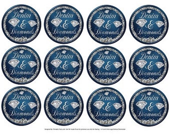 2.5 Inch Circle Tags Printable PDF Instant Download |  Denim and Diamonds Bling Glam Blue Jeans