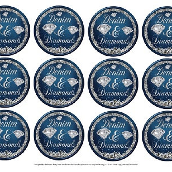 2.5 Inch Circle Tags Printable PDF Instant Download |  Denim and Diamonds Bling Glam Blue Jeans