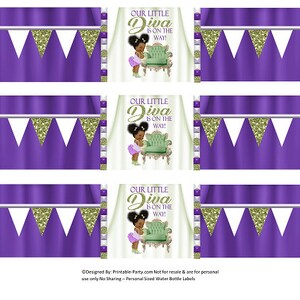Printable Water Bottle Labels | Baby Shower Diva Girl Purple Olive Green Glitter Drink Wrappers | Instant Download