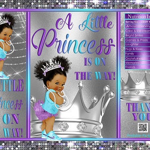 Printable Potato Chip Bags Turquoise Purple Silver Crown Afro Puffs Tutu White Tiara Princess Royal Girl African Baby Shower Favors image 1