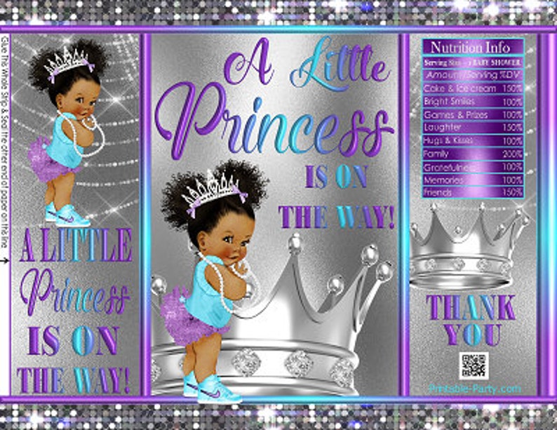 Printable Potato Chip Bags Turquoise Purple Silver Crown Afro Puffs Tutu White Tiara Princess Royal Girl African Baby Shower Favors