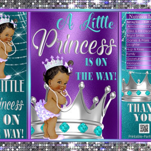 Printable Potato Chip Bags | Turquoise Purple Silver Crown | Tutu Tiara Princess Royal Girl African Baby Shower Favors