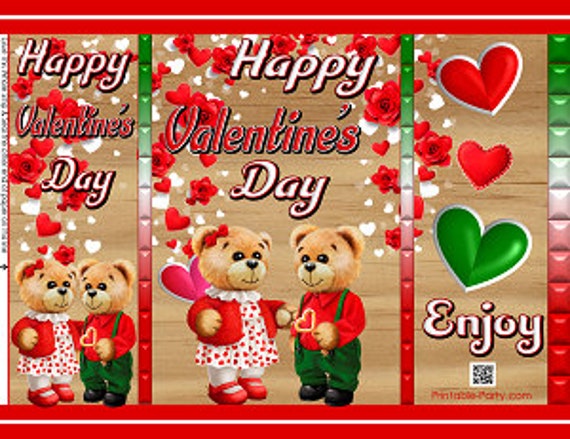 Printable Valentine's Day Treat Greeting Gift Bags Teddy Bear Red White Green | Potato Chip Bag Wrappers Il_570xn
