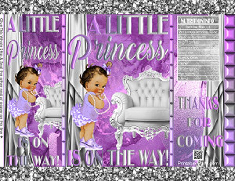 Printable Potato Chip Bags Tutu Princess Royal Girl African Vintage Baby Shower Favors Purple Lavender Silver Crown
