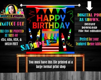 Backdrop Banner 4x4 Foot Printable PDF Instant Download |  Crayon Box Coloring Book Art Rainbow Black Birthday
