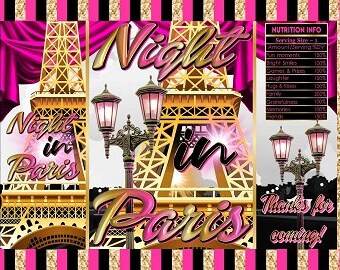 Sacs imprimables de croustilles | Cadeau d'anniversaire Tour Eiffel Nuit à Paris | Noir Rose Blanc Or