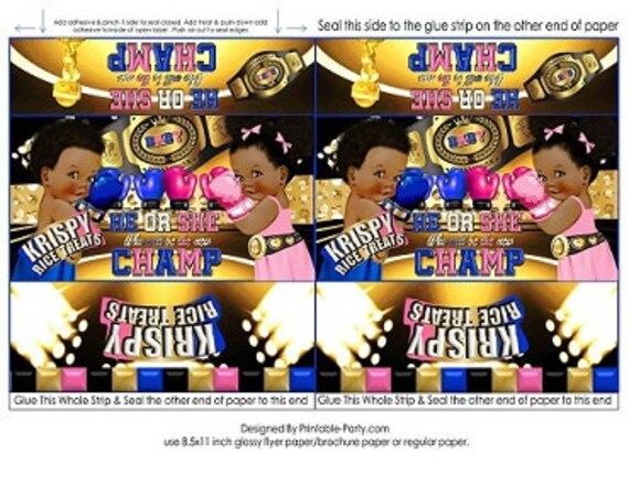 Printable Rice Treat Labels | Boxer Boxing Champ Sports Gender Reveal Baby Shower Boy Girl He She Blue Gold Pink | Instant Download Il_570xn