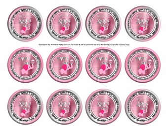 Printable Circle Tags 2 inch Cupcake Toppers | Elephant Royal Girl Baby Shower Light Pink Silver | Instant Download