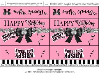 Étiquettes imprimables Krispy Rice Treat | vintage Luxury Bow Diamond Pink Black White Stripes Birthday | Téléchargement instantané