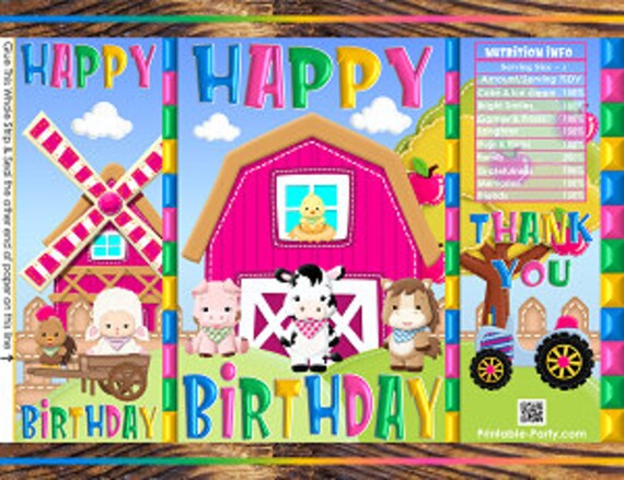 Printable Potato Chip Bags | Farm Barn Yard Farmer Fun Animals Pink Blue Yelllow Green Birthday Favors Il_570xn