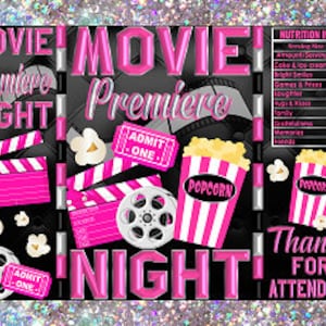 Printable Chip Bags | Potato Chip Bags | Hollywood Movie Night Pink Black Silver Popcorn | Treat Favor Bags