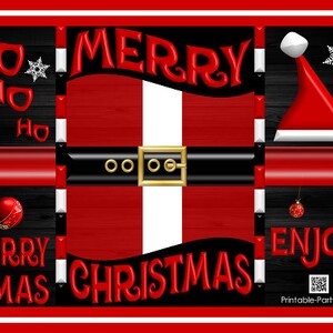 May include: Red and black Christmas party favor bag with the words "Ho Ho Ho", "Merry Christmas", and "Enjoy".