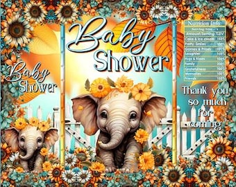 Sacs imprimables de croustilles | Fleurs Elephant Little Peanut | Bleu sarcelle Orange Jaune | Fête prénatale