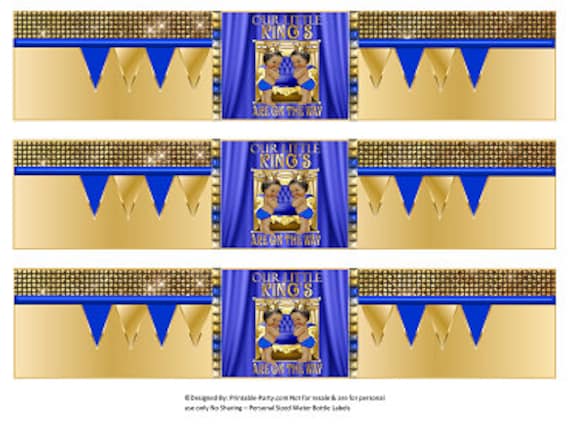 Printable Water Bottle Labels | Royal King Twins Boys Prince Blue Gold Baby Shower African American Drink Wrappers | Instant Download Il_570xn