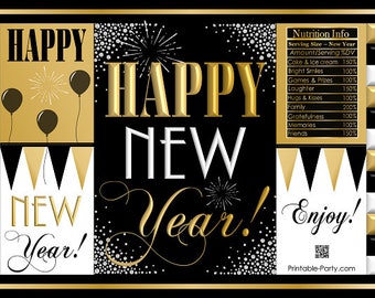 Happy New Year Gold Black White Printable Potato Chip Bags | Holiday Gift Wrap Bag