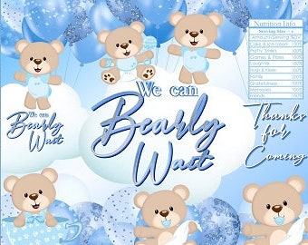 Wydrukowane torebki na chipsy ziemniaczane | Bearly Wait Teddy Bear Baby Shower Boy Niebieski Srebrny Brązowy Tan Biały | Dekoracje Upominki