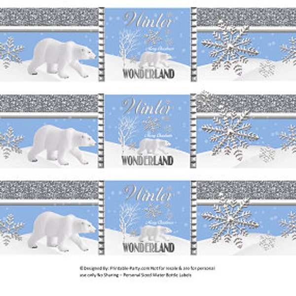Printable Water Bottle Labels | Winter Wonderland Blue SIlver Snow Christmas Drink Wrappers | Instant Download