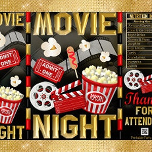 Printable Chip Bags | Potato Chip Bags | Hollywood Movie Night Red Black Gold Popcorn | Treat Favor Bags