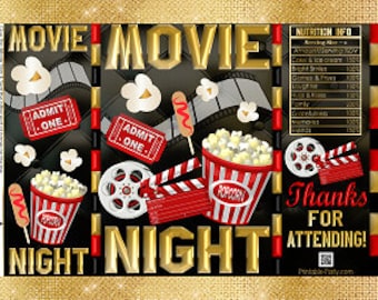 Printable Chip Bags | Potato Chip Bags | Hollywood Movie Night Red Black Gold Popcorn | Treat Favor Bags