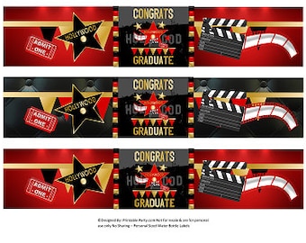 Printable Water Bottle Labels | Hollywood Red Gold Black Congrats Graduate Graduation Drink Wrappers | Instant Download