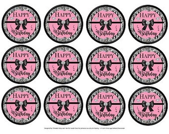 Étiquettes circulaires de 2,5 pouces PDF imprimable, téléchargement immédiat | Décorations de fête d'anniversaire de luxe vintage roses et noires à rayures en losanges