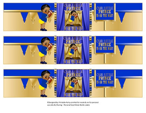 Printable Water Bottle Labels | Royal Prince Football Sport Blue Gold Baby Shower African American Drink Wrappers | Instant Download Il_570xn