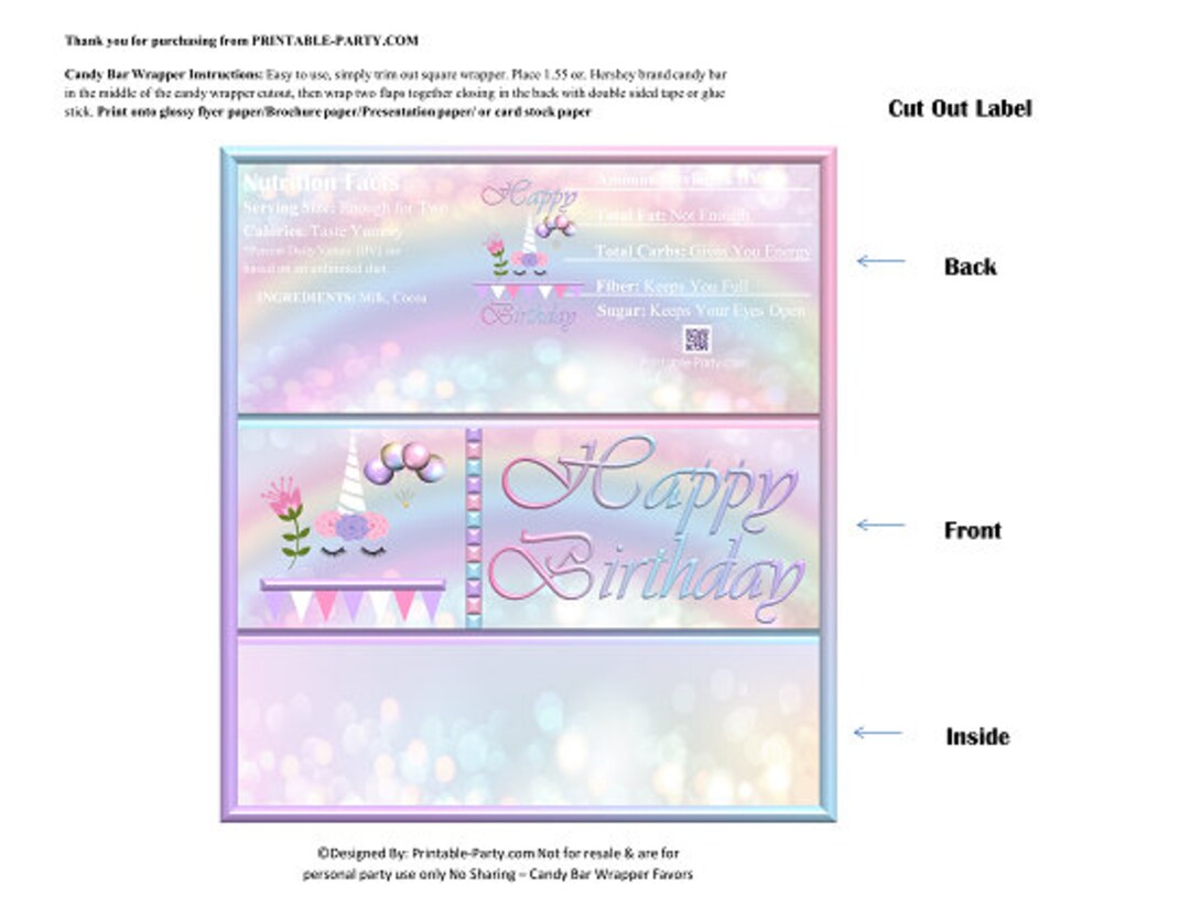 Printable Candy Bar Wrappers | Unicorn Rainbow White Pastel Birthday ...
