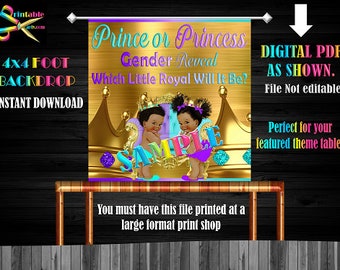 Backdrop Banner 4x4 Foot Printable PDF Instant Download | Prince or Princess Royal Gender Reveal Afro African Purple Teal Ethnic Baby Shower