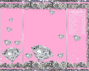Sacs de chips imprimables modifiables vierges | Cadeaux de fête Glam Bling diamant argent rose | Anniversaire Baby Shower Mariage Bleu