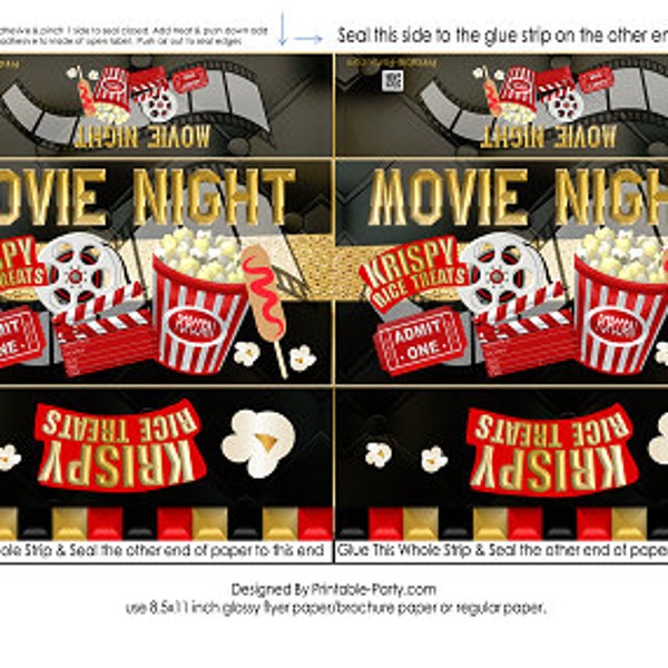 Printable Krispy Rice Treat Labels |  Movie Night Hollywood Red Carpet Theater Red Gold Black  | Instant Download