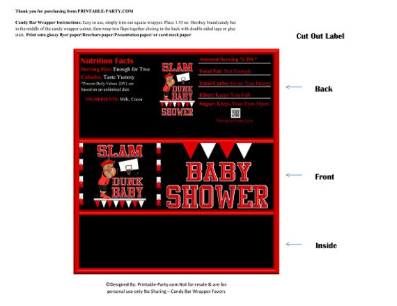 Printable Candy Bar Wrappers | Slam Dunk Basketball Sports Black Red African American Baby Shower Chocolate Bar Labels | Instant Download Il_570xn