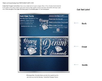 Printable Candy Bar Wrappers | Denim and Diamonds Birthday Party Favor Chocolate Bar Labels | Instant Download