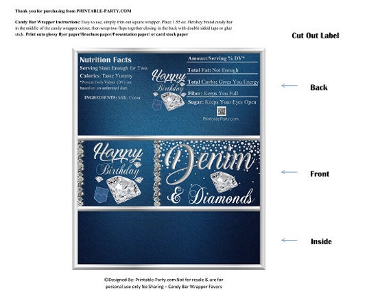 Printable Candy Bar Wrappers | Denim and Diamonds Birthday Party Favor Chocolate Bar Labels | Instant Download Il_570xn